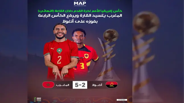 كأس إفريقيا للأمم لكرة القدم داخل القاعة (النهائي).. المنتخب المغربي يحرز اللقب الرابع على التوالي بفوزه على نظيره الأنغولي (5-2)